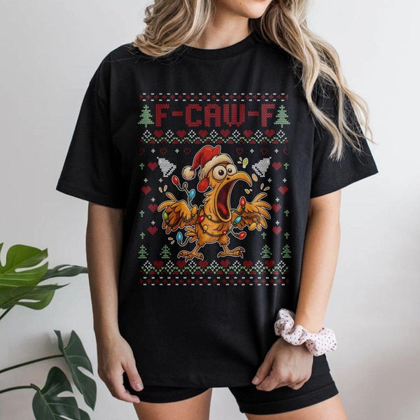 Humorous Screaming Chicken Holiday Tee, F Caw F Ugly Christmas T-Shirt, Retro Xmas Chicken Graphic Shirt, Sarcastic Christmas