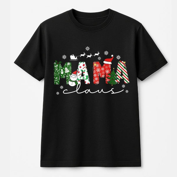 Adorable Holiday Lettering Graphic Tee, Mama Claus Christmas T-Shirt, Festive Mom Christmas Shirt, Matching Family Xmas Outfi