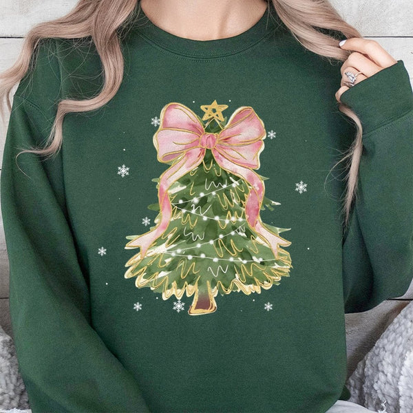 Comfy Holiday Tree Sweatshirt, Watercolor Bow Christmas Tree Sweatshirt, Preppy Xmas Graphic Crewneck, Christmas Sweatshirt P