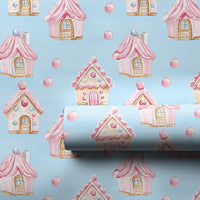 Watercolor Gingerbread Gift Wrap, Pink Gingerbread House Wrapping Paper, Pastel Pink Christmas Wrapping Paper, Adorable Holiday Gift Wrap Roll