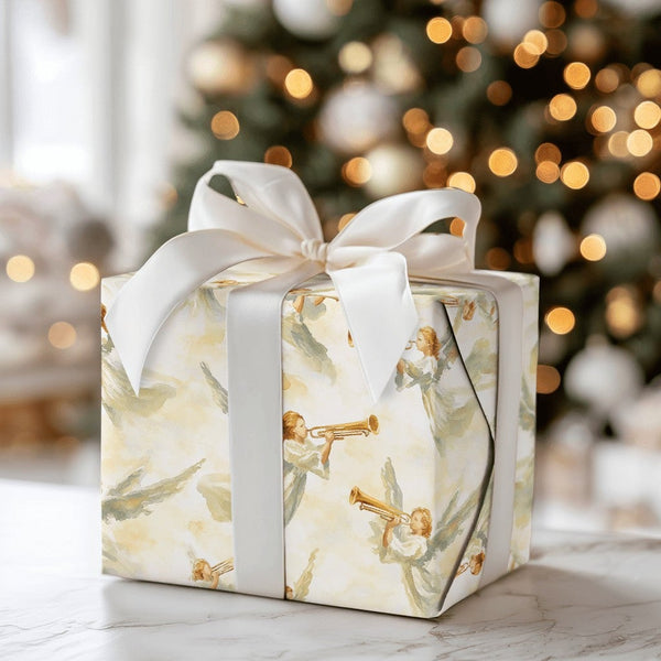 Golden Trumpet Angels Gift Wrap, Watercolor Angel Wrapping Paper, Religious Spiritual Wrapping Paper, Christmas Baptism Prese