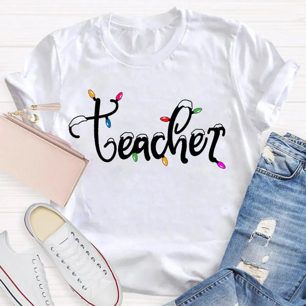 Adorable Holiday Educator Graphic Tee, Christmas Lights Snow Teacher T-Shirt, Festive Winter Teacher Shirt, Merry Christmas P