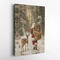 Snowy Winter Forest Canvas Art, Santa Claus and Reindeer Canvas, Festive Christmas Wall Art, Holiday Season Canvas Print, Xmas Home Decor