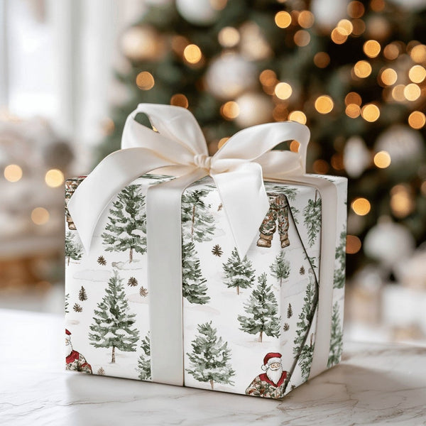 Watercolor Winter Forest Santa Gift Wrap, Camo Santa Wrapping Paper, Rustic Pine Tree Christmas Wrapping Paper, Outdoorsy Hol