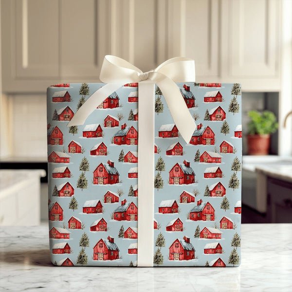 Rustic Red Farmhouse Gift Wrap, Winter Barn Christmas Wrapping Paper, Snowy Country Landscape Wrapping Paper, Holiday Festive