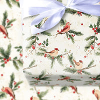 Watercolor Santa Hat Bird Holiday Gift Wrap, Winter Birds Christmas Wrapping Paper, Pine and Holly Wrapping Paper, Festive Holiday Gift Wrap