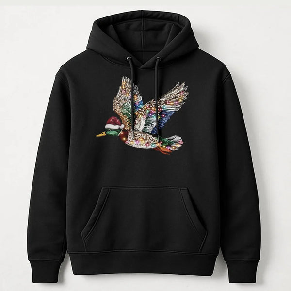 Christmas Duck Hunter Hooded Sweatshirt, Sparkling Rhinestone Mallard Duck Hoodie, Winter Outdoor Pullover Hoodie, Holiday Hu