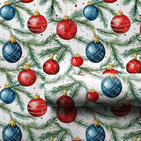 Watercolor Pine Christmas Gift Wrap, Red and Blue Ornament Wrapping Paper, Festive Bauble Wrapping Paper, Holiday Present Wrapping Paper