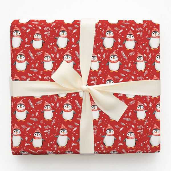Red Winter Hat Holiday Gift Wrap, Adorable Penguin Christmas Wrapping Paper, Cartoon Penguin Wrapping Paper, Festive Snowflak