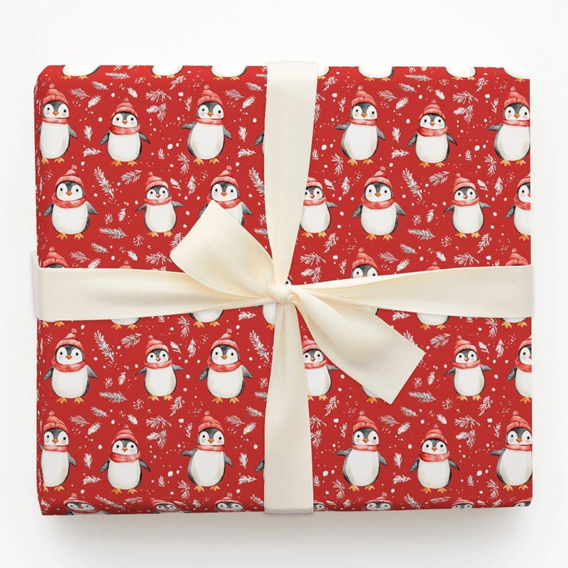 Red Winter Hat Holiday Gift Wrap, Adorable Penguin Christmas Wrapping Paper, Cartoon Penguin Wrapping Paper, Festive Snowflake Gift Wrap Roll