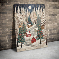 Papercraft Winter Forest Landscape, Snowy Christmas Village Canvas Wall Art, Holiday Season Home Decor, Digital Download Print