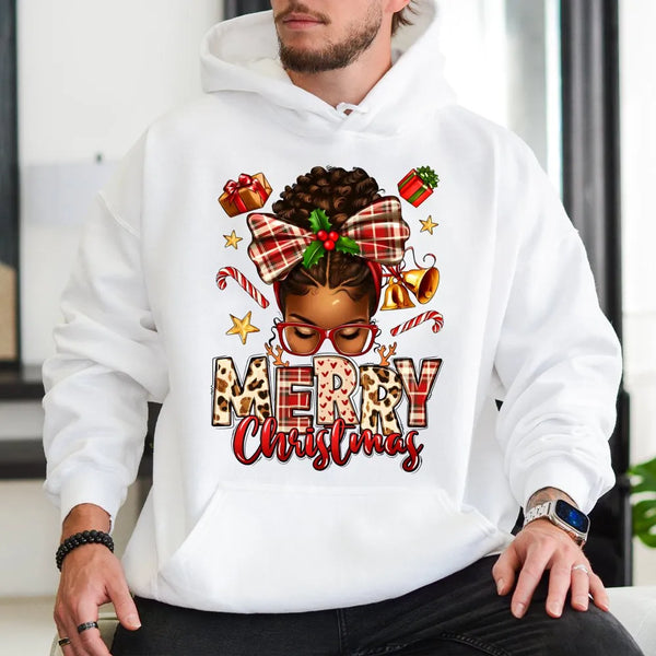 Afrocentric Holiday Bun Hooded Sweatshirt, African American Merry Christmas Hoodie, Black Queen Xmas Pullover, Melanin Holida