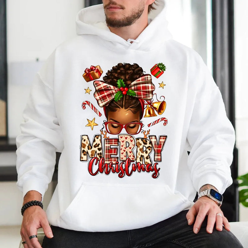 Afrocentric Holiday Bun Hooded Sweatshirt, African American Merry Christmas Hoodie, Black Queen Xmas Pullover, Melanin Holiday Hoodie Present