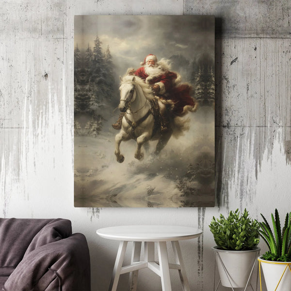 Snowy Winter Forest Canvas Print, Santa Claus with White Horse Canvas Art, Majestic Christmas Canvas Wall Art