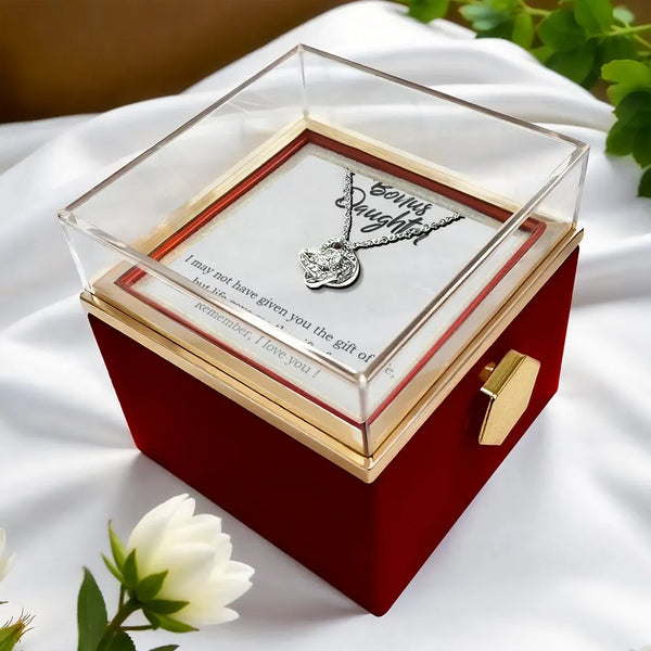 Stepdaughter Love Knot Pendant with Rose Box, Bonus Daughter Love Knot Necklace, CZ Crystal Love Knot Necklace, Birthday Chri