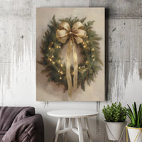 Gold Bow Fairy Lights Canvas Print, Christmas Wreath Canvas Wall Art, Holiday Floral Canvas Art, Winter Season Wall Decor, Xmas Family Present