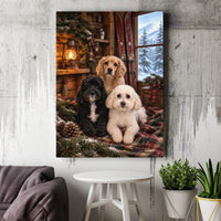 Comfy Christmas Puppy Wall Art, Winter Cabin Dogs Canvas, Rustic Ski Lodge Dog Print, Holiday Dog Lover Canvas Art, Snowy Cabin Decor