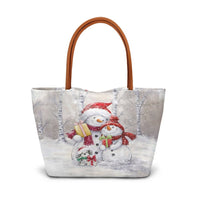 Winter Forest Illustration Shoulder Bag, Christmas Snowman Tote Bag, Holiday Snow Scene Handbag, Festive Adorable Christmas Present Tote Bag
