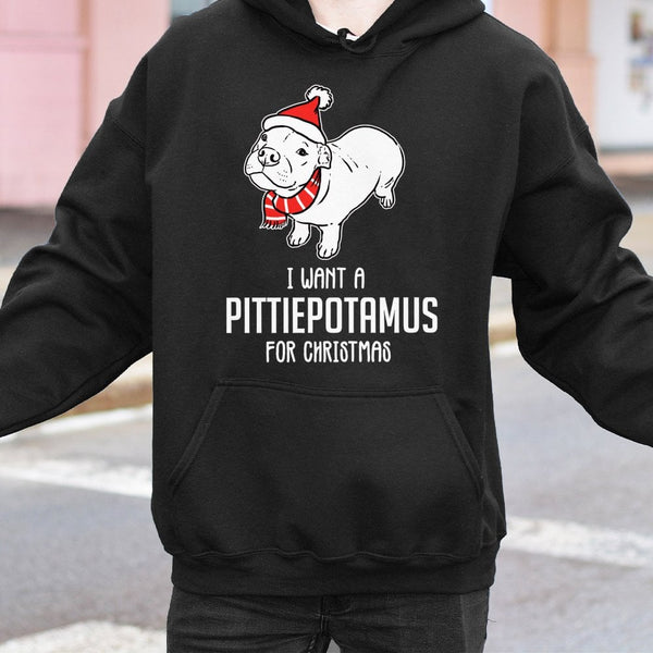 Humorous Pitbull Puppy Hoodie, I Want a Pittiepotamus Christmas Hoodie, Holiday Dog Lover Sweatshirt, Pittie Mom Dog Present 