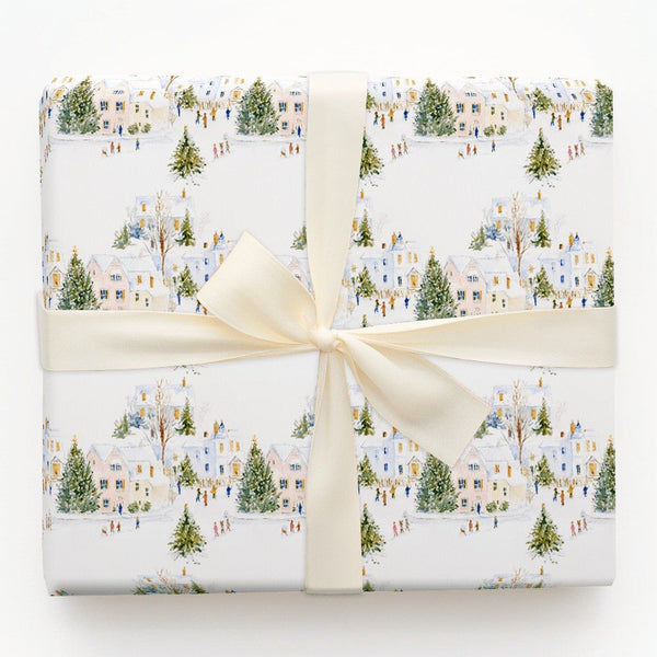 Watercolor Winter Wonderland Gift Wrap, Snowy Village Christmas Wrapping Paper, Holiday Village Wrapping Paper, Festive Gift 