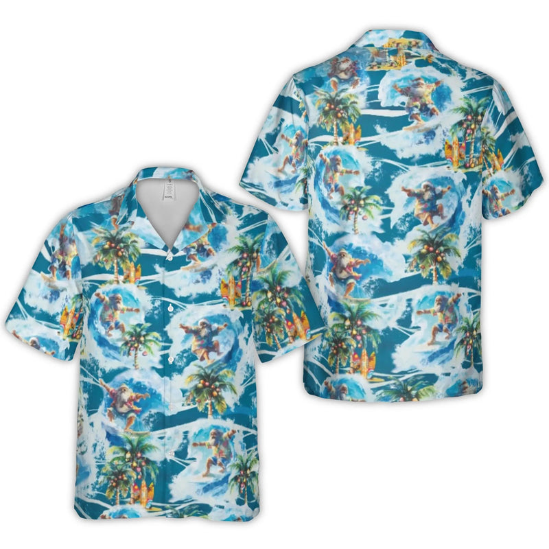 Tropical Christmas Aloha Shirt, Surfing Santa Hawaiian Shirt, Palm Tree Holiday Button Up Shirt, Festive Summer Beach Xmas Present for Men