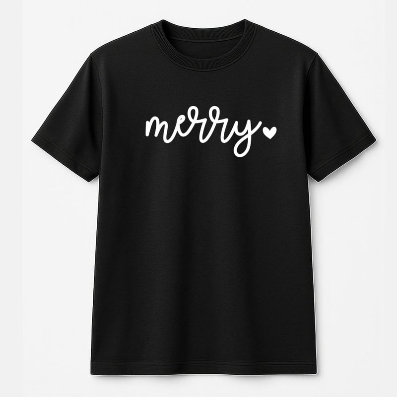 Minimalist Holiday Graphic Tee, Merry Christmas Script Heart T-Shirt, Adorable Festive Xmas Tree Shirt, Winter Family Matching Apparel