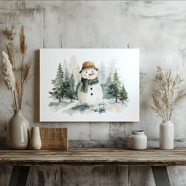 Winter Forest Canvas Print, Watercolor Snowman Canvas Wall Art, Snowy Pine Tree Canvas, Rustic Holiday Wall Decor, Christmas 
