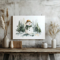 Snowy Pine Forest Winter Landscape, Watercolor Snowman Canvas Wall Art Print, Christmas Holiday Wall Decor, Digital Download