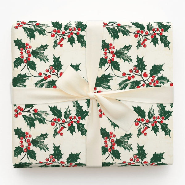 Classic Christmas Gift Wrap, Vintage Holly Berry Wrapping Paper, Botanical Holiday Wrapping Paper, Red Berry Paper, Festive G