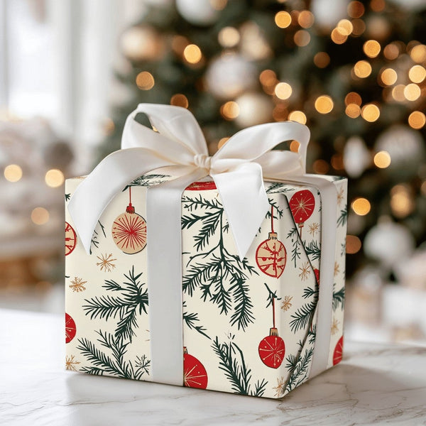 Vintage Pine Branch Gift Wrap, Red Ornament Wrapping Paper, Cream Christmas Snowflake Wrapping Paper, Retro Holiday Present W