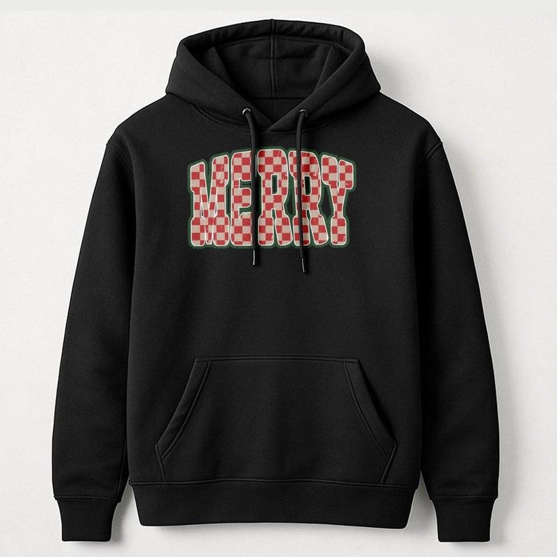 Retro Checkered Holiday Hoodie, Merry Christmas Hoodie, Red Text Winter Christmas Hoodie, Comfy Graphic Hooded Sweatshirt, Xmas Present for Her
