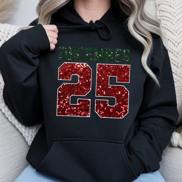 Glitter Red and Green Holiday Hoodie, December 25 Christmas Hoodie, Festive Winter Graphic Pullover Hoodie, Adorable Xmas Hoo
