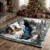 3D Snow Cabin Forest Scene Rug, Winter Pine Woodland Area Rug, Rustic Mountain Landscape Rug, Comfy Winter Floor Mat, Christmas Home Decor
