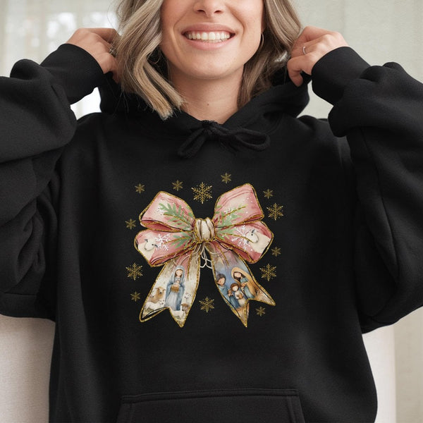 Religious Coquette Bow Hoodie, Nativity Scene Hoodie, Christian Christmas Sweatshirt, Faith Graphic Pullover Hoodie, Xmas Pre
