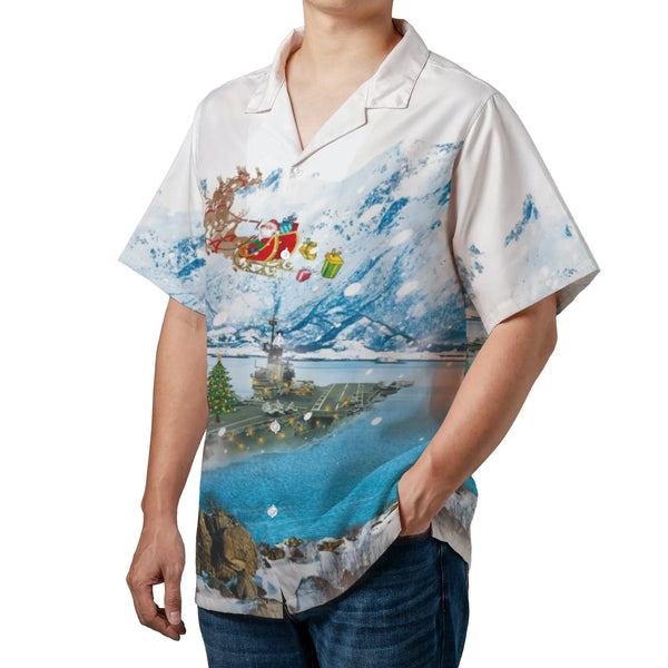Santa Claus Christmas Hawaiian Shirt, Aircraft Carrier Hawaiian Shirt, Military Naval Aloha Shirt, Holiday Veteran Hawaiian S