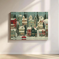 Comfy Winter Snow Village with Vintage Red Car Canvas Print, Christmas Village Wall Art, Holiday Snow Scene Poster, Digital Download