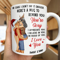 Santa and Reindeer Kissing Couple Coffee Mug, You're Sexy I Love You Christmas Mug, Humorous Romantic Xmas Ceramic Cup, Holiday Present