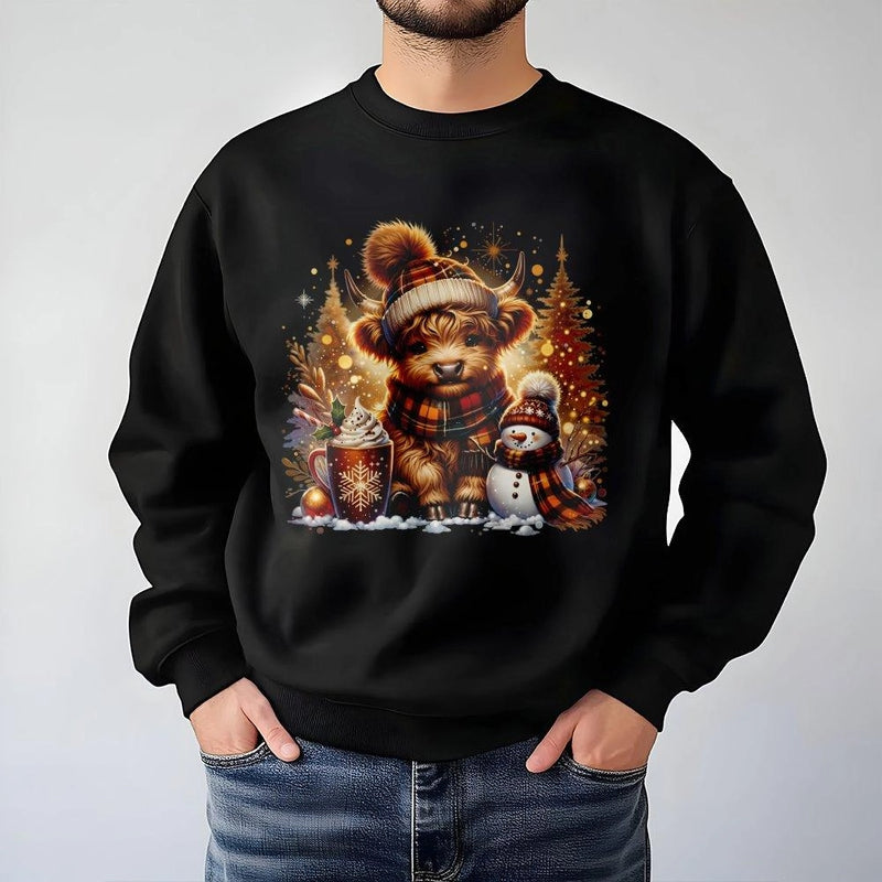Adorable Winter Cow Crewneck, Highland Cow Christmas Sweatshirt, Snowman Cocoa Holiday Sweater, Farm Animal Pullover, Xmas Cow Sweatshirt