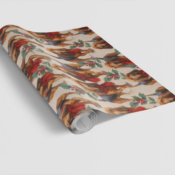 Holly Scarf Dog Holiday Gift Wrap, Bloodhound Christmas Wrapping Paper, Festive Puppy Present Paper, Dog Lover Xmas Gift Wrap