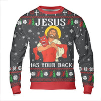 Humorous Ugly Christmas Sweatshirt, Jesus Has Your Back Sweatshirt, Christian Holiday Sweatshirt, Religious Xmas Crewneck Pullover, Faith Present