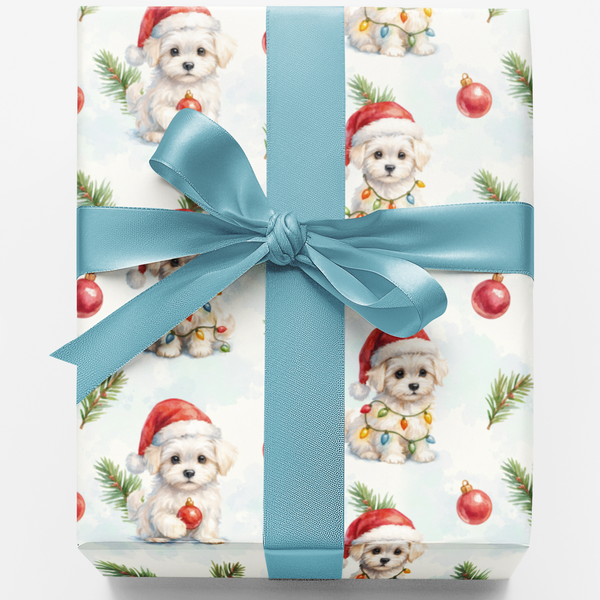 Watercolor Dog in Santa Hat Gift Wrap, Adorable Puppy Christmas Wrapping Paper, Festive Winter Dog Wrapping Paper, Holiday Gi
