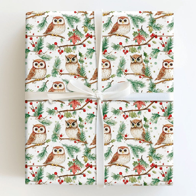 Woodland Bird Gift Wrap, Watercolor Owl Wrapping Paper, White Holiday Wrapping Paper, Nature Lover Gift Wrap, Christmas Wrapping Paper Roll