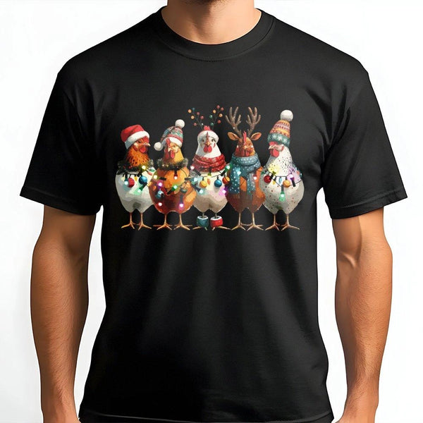 Humorous Farm Animal Holiday Tee, Christmas Chicken T-Shirt, Adorable Chicken Lights Graphic Shirt, Festive Xmas Hen Tee, Far