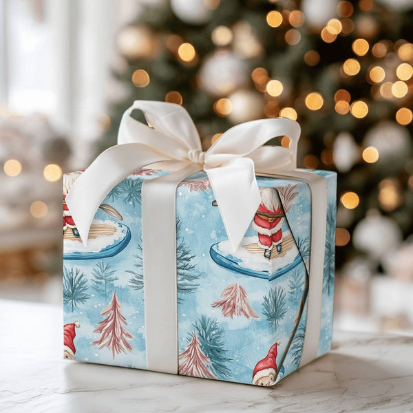 Winter Ice Gift Wrap, Watercolor Paddleboarding Santa Wrapping Paper, Pastel Tree Christmas Gift Wrap, Festive Holiday Wrappi