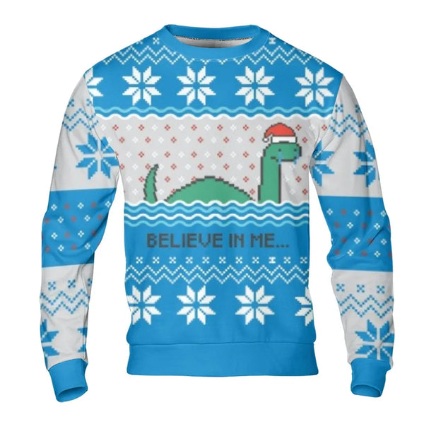 Pixel Art Nessie Ugly Xmas Sweater, Loch Ness Monster Christmas Sweatshirt, Cryptozoology Monster Holiday Graphic Crewneck Pu