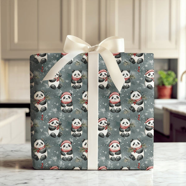 Santa Hat Teal Gift Wrap, Watercolor Panda Christmas Wrapping Paper, Adorable Winter Panda Wrapping Paper, Holiday Animal Pre