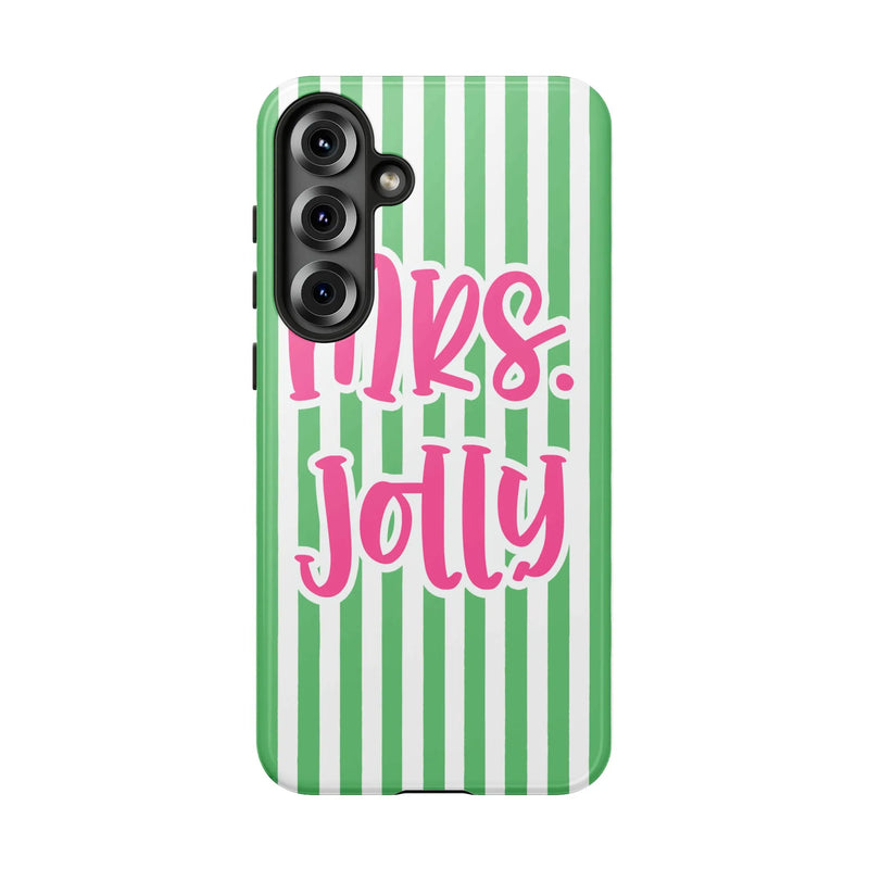 Preppy Striped Christmas Samsung Galaxy Case, Mrs Jolly Phone Case, Pink Green Holiday Phone Cover, Festive Tough Phone Case