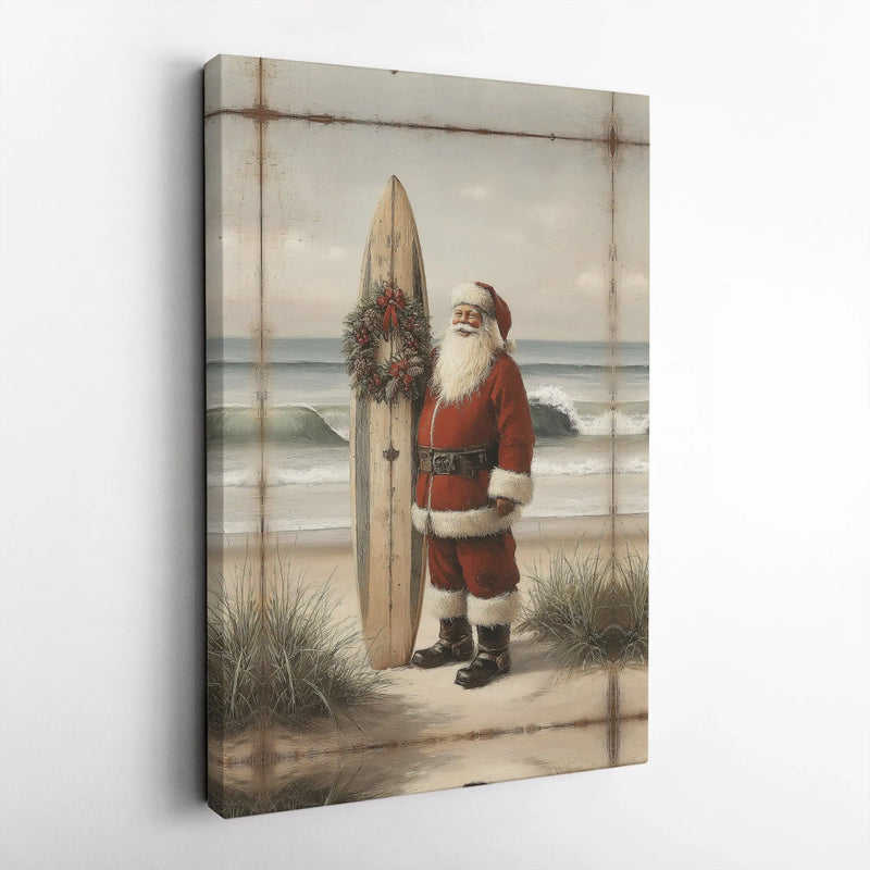 Vintage Beach Christmas Canvas, Coastal Santa Surfboard Wall Art, Surfing Santa Holiday Decor, Coastal Christmas Canvas Print, Surfer Present