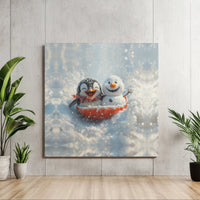 Cartoon Winter Scene Canvas Art, Adorable Penguin and Snowman Square Canvas, Kids Nursery Penguin Canvas Print, Holiday Christmas Wall Decor