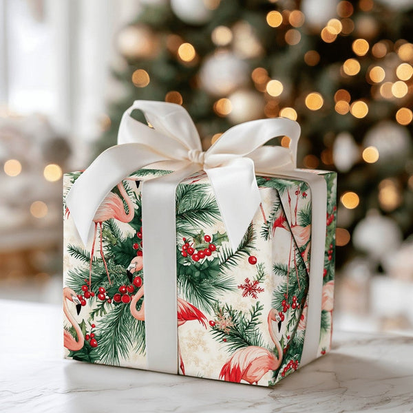 Tropical Holiday Gift Wrap, Pink Flamingo Christmas Wrapping Paper, Adorable Flamingo Wrapping Paper, Winter Holly Gift Wrap,